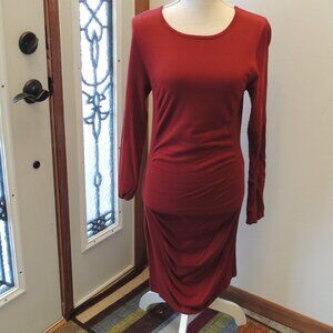 Express Ruched Long Sleeve Bodycon Midi Dress – Burgundy Red, Size M